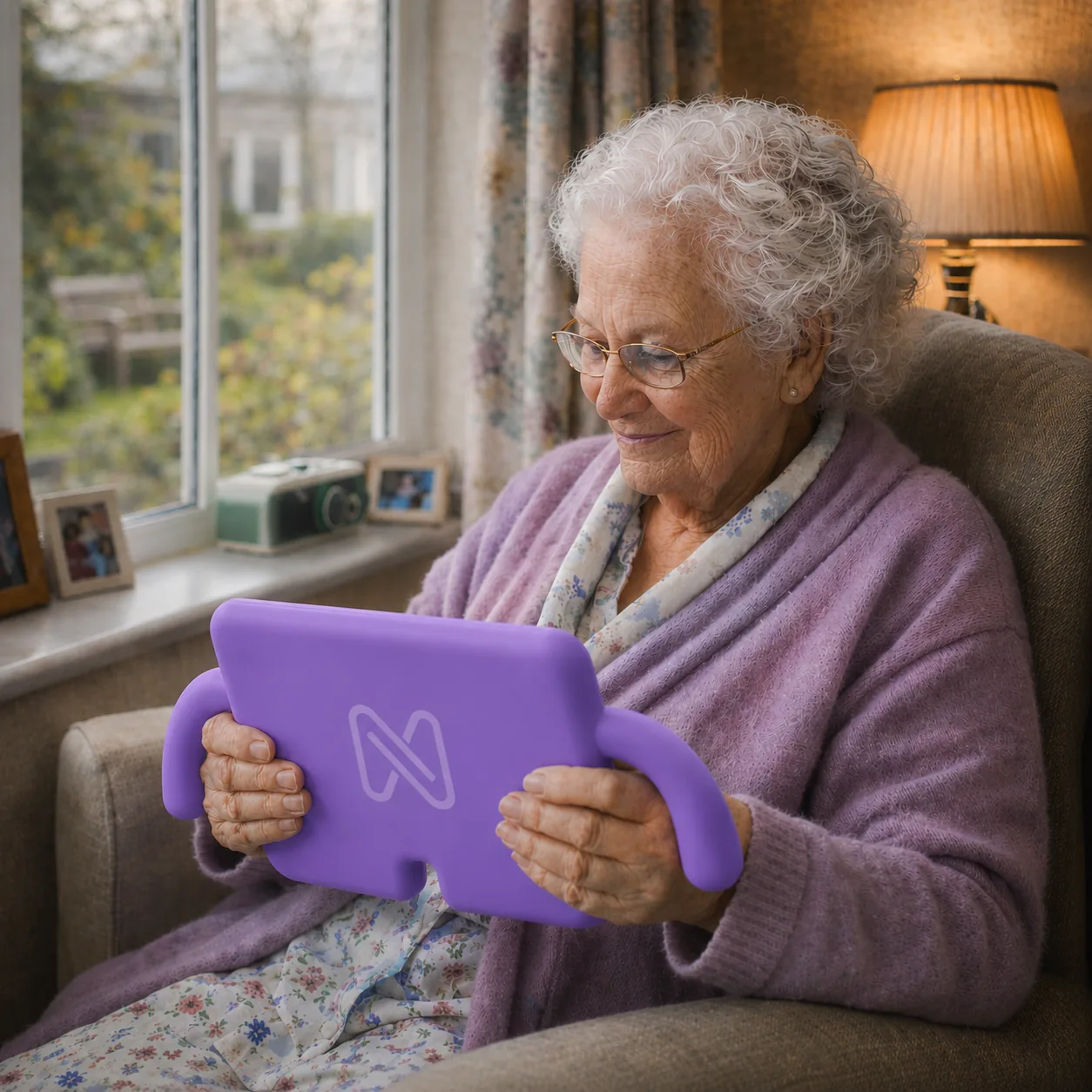 An older lady enjoying her nellie tablet in her armchair